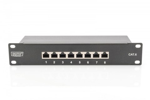 Patch panel 10 cali 8-portów RJ-45 Kat.6 ekranowany 1U kompletny LSA, wspornik kablowy, Czarny Patch panel 10 cali 8-portów RJ-45 Kat.6 ekranowany 1U kompletny LSA, wspornik kablowy, Czarny