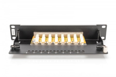 Patch panel 10 cali 8-portów RJ-45 Kat.6 ekranowany 1U kompletny LSA, wspornik kablowy, Czarny Patch panel 10 cali 8-portów RJ-45 Kat.6 ekranowany 1U kompletny LSA, wspornik kablowy, Czarny