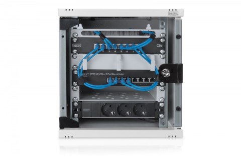 Szafa wisząca jednosekcyjna 10 cali 6U 330 x 312 x 300mm, drzwi szklane (RAL7035), zmontowana Szara Szafa wisząca jednosekcyjna 10 cali 6U 330 x 312 x 300mm, drzwi szklane (RAL7035), zmontowana Szara