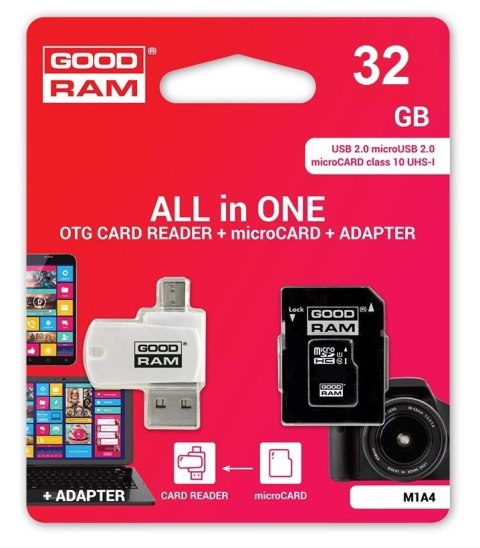 Karta pamięci microSDHC 32GB CL10 + Adapter + Czytnik Karta pamięci microSDHC 32GB CL10 + Adapter + Czytnik