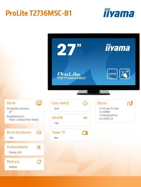 Monitor 27 T2736MSC-B1 AMVA, 10pkt, pojemnościowy, HDMI, DP, USB Monitor 27 T2736MSC-B1 AMVA, 10pkt, pojemnościowy, HDMI, DP, USB
