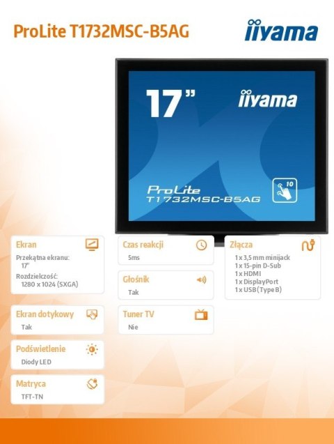Monitor 17 T1732MSC-B5AG pojemnościowy 10pkt IP54 HDMI DP AG