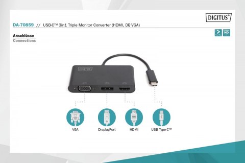 Adapter graficzny HDMI/DP/VGA 4K 60Hz UHD/ FHD na USB 3.1 Typ C, z audio, Czarny