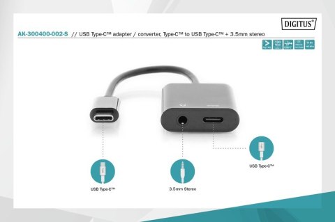 Kabel rozdzielacz USB 3.1 Typ C Gen.2 SuperSpeed+ 10Gbps Mini Jack 3.5mm + Typ USB C 20cm Czarny