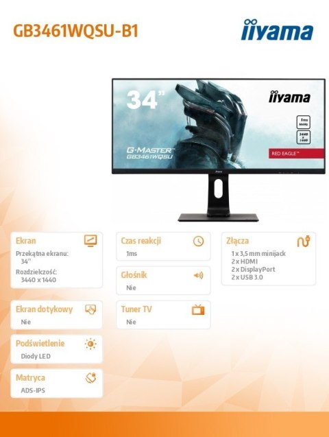 Monitor 34 cale GB3461WQSU-B1 IPS,UWQHD,144HZ,1MS,USB3.0,2xHDMI,2xDP.