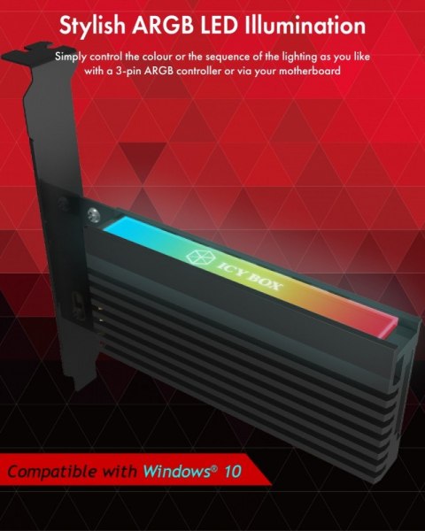 Karta PCIe z gniazdem M.2 M-Key dla jednego dysku SSD M.2 NVMe, podświetlenie ARGB IB-PCI224M2-RGB Karta PCIe z gniazdem M.2 M-Key dla jednego dysku SSD M.2 NVMe, podświetlenie ARGB IB-PCI224M2-RGB