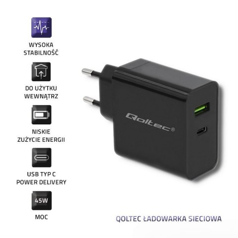 Ładowarka sieciowa | 45W | 5-20V | 2.25-3A | USB typ C PD | USB | Czarna Ładowarka sieciowa | 45W | 5-20V | 2.25-3A | USB typ C PD | USB | Czarna