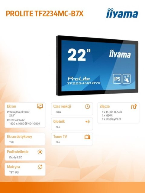 Monitor wielkoformatowy 21.5 cala TF2234MC-B7X IPS,POJ.10PKT.HDMI,DP.VGA,IP65,7H Monitor wielkoformatowy 21.5 cala TF2234MC-B7X IPS,POJ.10PKT.HDMI,DP.VGA,IP65,7H
