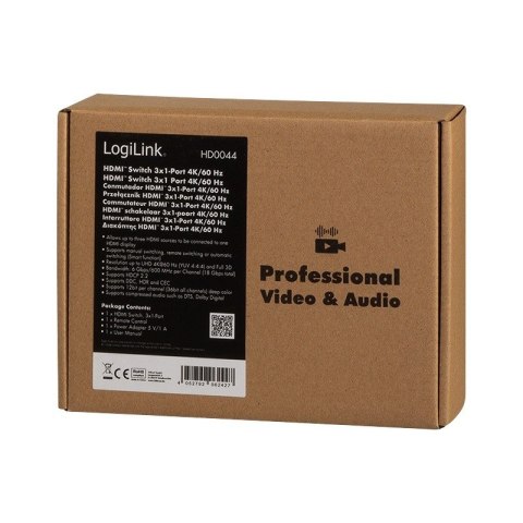 Switch 3x1 HDMI, 4K 60Hz, z pilotem Switch 3x1 HDMI, 4K 60Hz, z pilotem