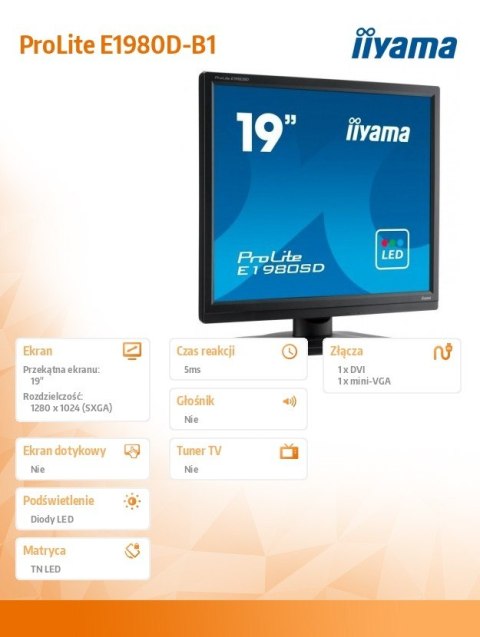 Monitor 19 cali ProLite E1980D-B1 VGA,DVI,5:4,TN,5ms,250cd Monitor 19 cali ProLite E1980D-B1 VGA,DVI,5:4,TN,5ms,250cd