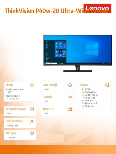 Monitor 39.7 ThinkVision P40w-20 Ultra-Wide Curved LCD 62DDGAT6EU Monitor 39.7 ThinkVision P40w-20 Ultra-Wide Curved LCD 62DDGAT6EU