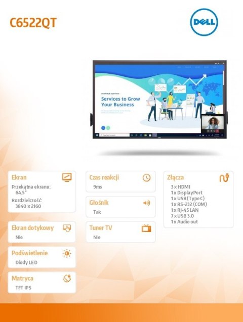 Monitor C6522QT 64.5 cali Touch LED UHD 4K (3840x2160) /16:9/3xHDMI/DP/USB-C/7xUSB 3.1/RS 232/RJ45