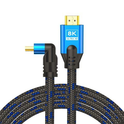 Kabel HDMI (M) v2.1, kątowy, 3m, 8K, miedź, niebiesko-czarny, złote końcówki, ethernet/3D, CL-148