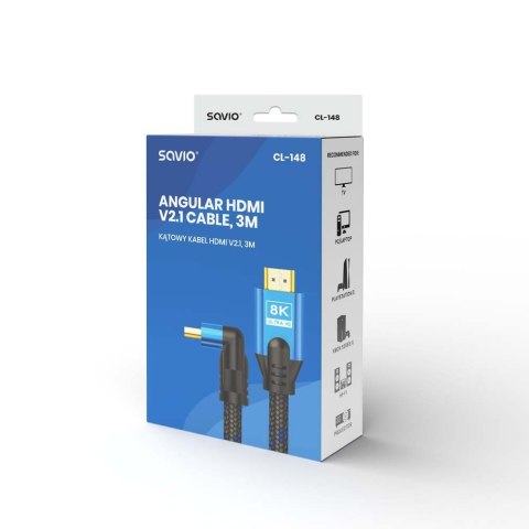 Kabel HDMI (M) v2.1, kątowy, 3m, 8K, miedź, niebiesko-czarny, złote końcówki, ethernet/3D, CL-148