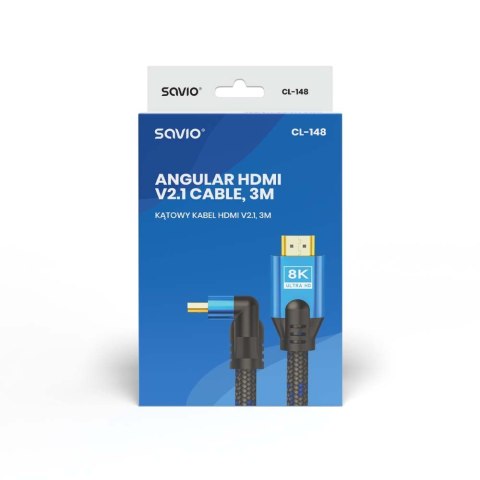 Kabel HDMI (M) v2.1, kątowy, 3m, 8K, miedź, niebiesko-czarny, złote końcówki, ethernet/3D, CL-148