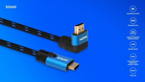 Kabel HDMI (M) v2.1, kątowy, 3m, 8K, miedź, niebiesko-czarny, złote końcówki, ethernet/3D, CL-148