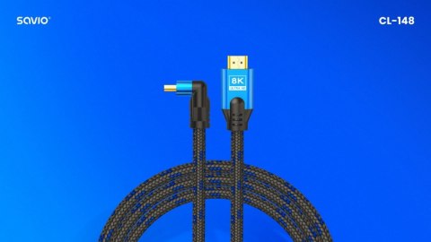 Kabel HDMI (M) v2.1, kątowy, 3m, 8K, miedź, niebiesko-czarny, złote końcówki, ethernet/3D, CL-148