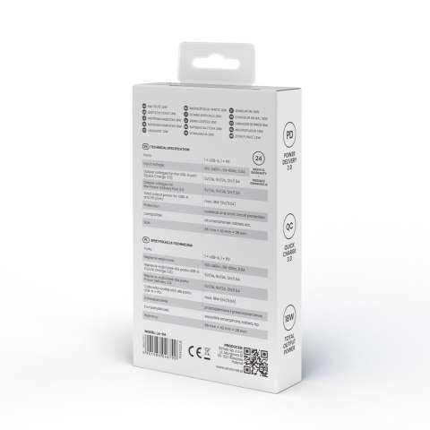 Ładowarka sieciowa USB Quick Charge, Power Delivery 3.0, 18W, LA-04 Ładowarka sieciowa USB Quick Charge, Power Delivery 3.0, 18W, LA-04