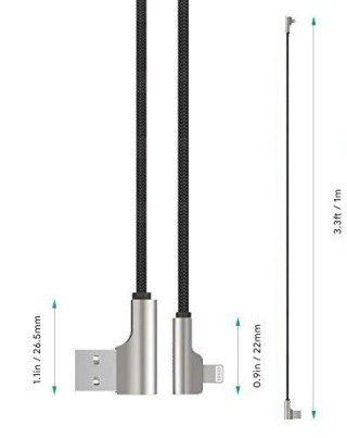 CB-AL04 OEM kabel 90° Lightning - USB-A 1m MFi Apple kątowy wtyki 90 stopni nylonowy oplot czarny
