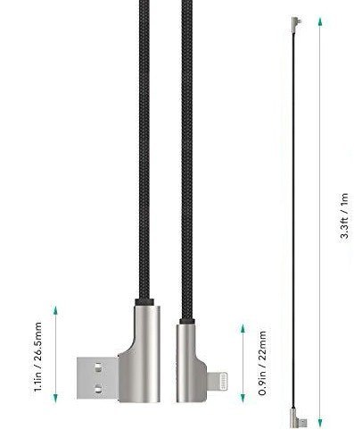 CB-AL04 OEM kabel 90° Lightning - USB-A 1m MFi Apple kątowy wtyki 90 stopni nylonowy oplot czarny