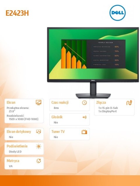 Monitor E2423H 23.8 cali VA LED Full HD (1920x1080) /16:9/VGA/DP/3Y AES Monitor E2423H 23.8 cali VA LED Full HD (1920x1080) /16:9/VGA/DP/3Y AES