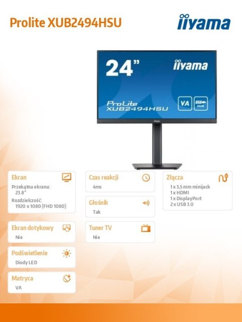 Monitor 23.8 cala XUB2494HSU-B2 VA,FHD,HDMI,DP,2xUSB3.0,HAS,2x2W Monitor 23.8 cala XUB2494HSU-B2 VA,FHD,HDMI,DP,2xUSB3.0,HAS,2x2W