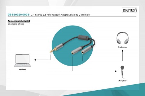 Kabel adapter headset Mini Jack 3,5mm/2x 3,5mm Mini Jack M/Ż nylon 0,2m Kabel adapter headset Mini Jack 3,5mm/2x 3,5mm Mini Jack M/Ż nylon 0,2m