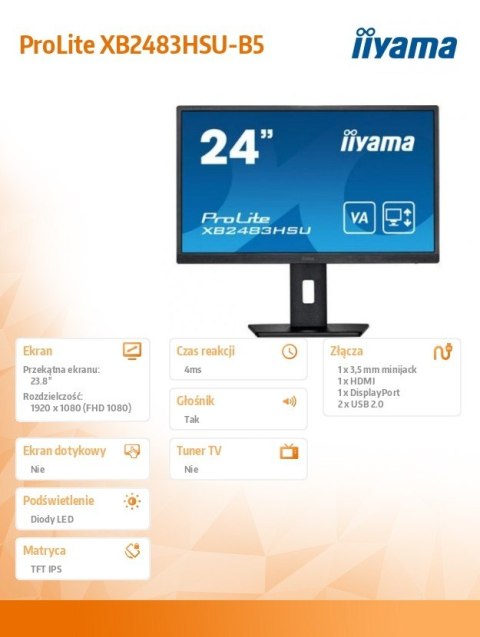Monitor 23.8 cala XB2483HSU-B5 HDMI,DP,VA,HAS(150mm),USB Monitor 23.8 cala XB2483HSU-B5 HDMI,DP,VA,HAS(150mm),USB