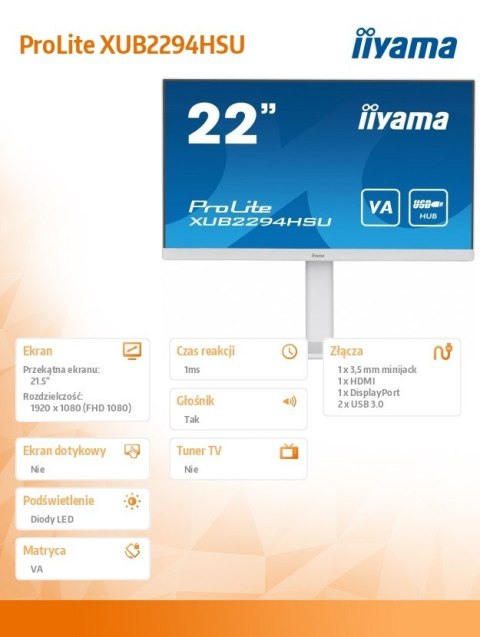 Monitor 21.5 cala XUB2294HSU-W2 VA,FHD,HDMI,DP,HAS(150mm)USB3.0,2x2W