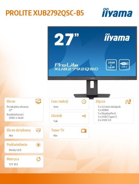 Monitor 27 cali XUB2792QSC-B5 IPS,QHD,USB-C,HDMI,DP,USB3.0,HAS(150mm)