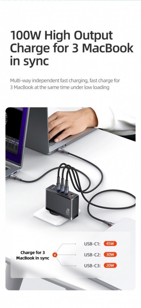 Ładowarka sieciowa GaN 100W PD 3xUSB-C/ USB T50 Ładowarka sieciowa GaN 100W PD 3xUSB-C/ USB T50