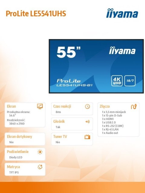 Monitor 55 cali LE5541UHS-B1 IPS,4K,18/7,LAN,USB,HDMI Monitor 55 cali LE5541UHS-B1 IPS,4K,18/7,LAN,USB,HDMI