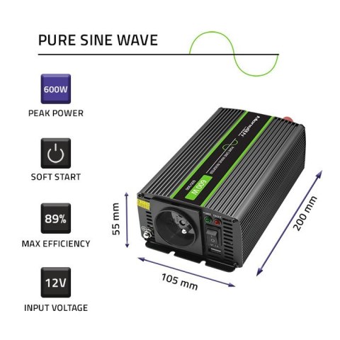 Przetwornica napięcia Monolith | 300W | 600W | 12V na 230V | Czysty Sinus Przetwornica napięcia Monolith | 300W | 600W | 12V na 230V | Czysty Sinus