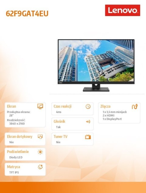 Monitor ThinkVision 28 cali E28u-20 WLED 62F9GAT4EU Monitor ThinkVision 28 cali E28u-20 WLED 62F9GAT4EU