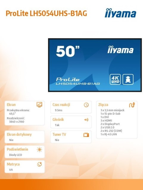 Monitor 50 cali LH5054UHS-B1AG 24/7, VA, ANDROID.11, 4K, SDM, 2x10W Monitor 50 cali LH5054UHS-B1AG 24/7, VA, ANDROID.11, 4K, SDM, 2x10W