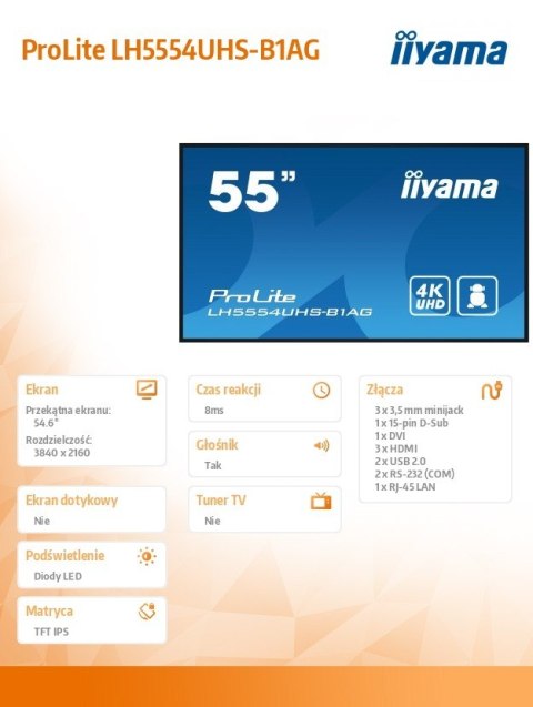 Monitor 55 cali LH5554UHS-B1AG 24/7, IPS, ANDROID.11, 4K, SDM, 2x10W Monitor 55 cali LH5554UHS-B1AG 24/7, IPS, ANDROID.11, 4K, SDM, 2x10W