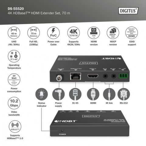 Przedłużacz/Extender HDMI 4K 30Hz 70m po skrętce Cat.6/7/8 HDBaseT HDCP2.2 IR RS232 PoC, zestaw