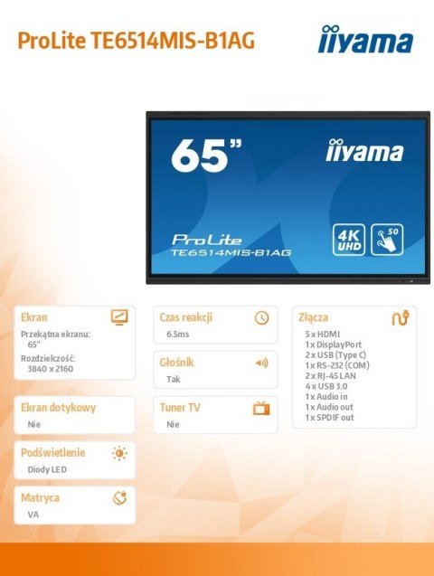 Monitor wielkoformatowy 65 cali TE6514MIS-B1AG INFRARED,50pkt,VA,4K,7H,WiFi,MIC,USB-C Monitor wielkoformatowy 65 cali TE6514MIS-B1AG INFRARED,50pkt,VA,4K,7H,WiFi,MIC,USB-C