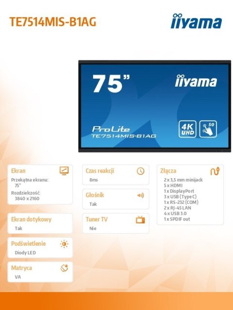 Monitor wielkoformatowy 75 cali TE7514MIS-B1AG INFRARED,50pkt,VA,4K,7H,WiFi,MIC,USB-c Monitor wielkoformatowy 75 cali TE7514MIS-B1AG INFRARED,50pkt,VA,4K,7H,WiFi,MIC,USB-c