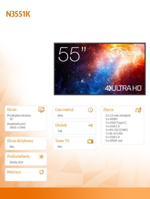 Monitor wielkoformatowy 55 cali N3551K matowy 24h/7,450cd/m2,USB-C,4K UHD (3840 x 2160),Android 11,Wifi+BT,OMS kod producenta Monitor wielkoformatowy 55 cali N3551K matowy 24h/7,450cd/m2,USB-C,4K UHD (3840 x 2160),Android 11,Wifi+BT,OMS kod producenta