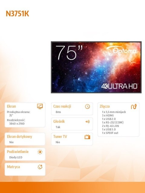 Monitor wielkoformatowy 75 cali N3751K matowy 24h/7,450cd/m2,USB-C,4K UHD (3840 x 2160),Android 11,Wifi+BT,OMS kod producenta Monitor wielkoformatowy 75 cali N3751K matowy 24h/7,450cd/m2,USB-C,4K UHD (3840 x 2160),Android 11,Wifi+BT,OMS kod producenta