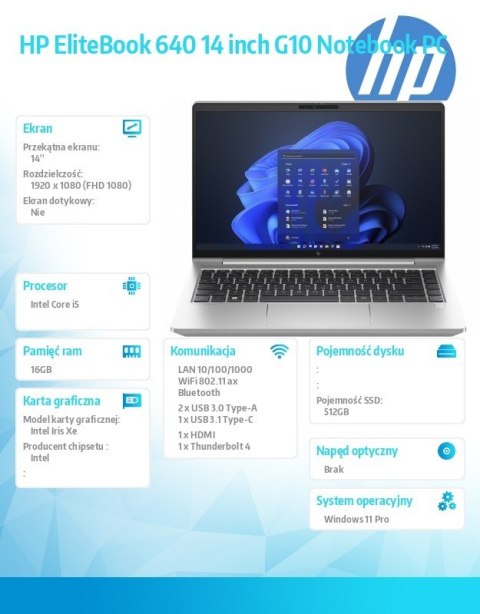 Notebook EliteBook 640 G10 i5-1350P 512GB/16GB/W11P/14.0 85D40EA Notebook EliteBook 640 G10 i5-1350P 512GB/16GB/W11P/14.0 85D40EA
