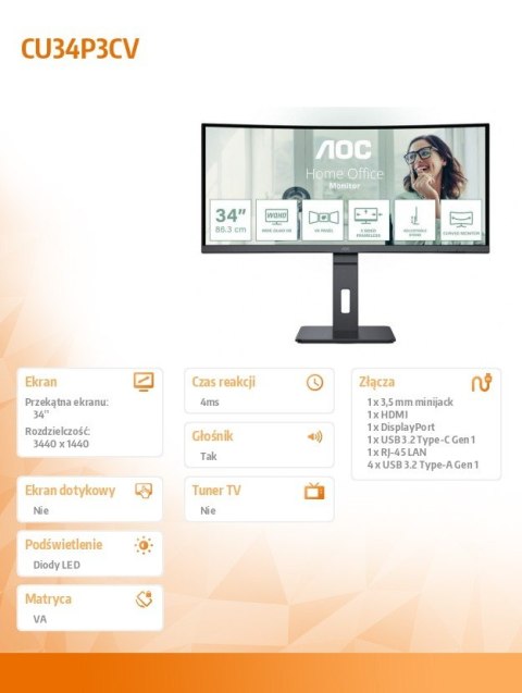Monitor CU34P3CV 34 cale 100Hz Curved VA HDMI DP RJ45 USB-C Monitor CU34P3CV 34 cale 100Hz Curved VA HDMI DP RJ45 USB-C