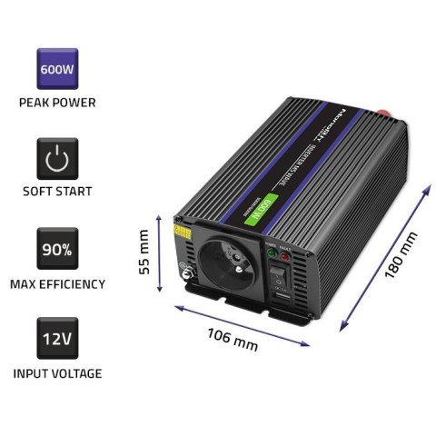 Przetwornica napięcia Monolith 600 MS Wave | 12V na 230V | 300/600W | USB Przetwornica napięcia Monolith 600 MS Wave | 12V na 230V | 300/600W | USB