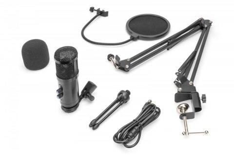 Mikrofon pojemnościowy USB, metalowy, ramię z gwintem 3/8 cala, pop filtr, z kablem USB 1,5m, Czarny Mikrofon pojemnościowy USB, metalowy, ramię z gwintem 3/8 cala, pop filtr, z kablem USB 1,5m, Czarny