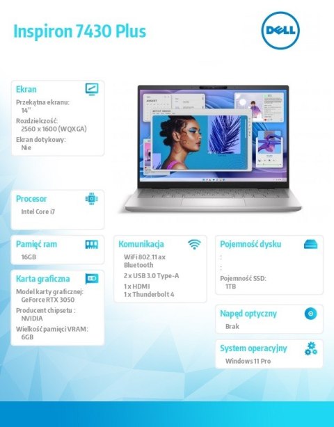 Notebook Inspiron 7430 Plus Win11Pro i7-13700H/1TB/16GB/RTX 3050/14.0 2560x1600 Touch/Silver/2Y NBD Notebook Inspiron 7430 Plus Win11Pro i7-13700H/1TB/16GB/RTX 3050/14.0 2560x1600 Touch/Silver/2Y NBD