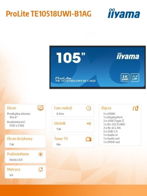 Monitor wielkoformatowy 104.6 cala TE10518UWI-B1AG INFRARED,40pkt,VA,21:9(5K),8xUSB, 8xMIC,2x16W+Subwoofer(16W),Android 13,WiFi, Monitor wielkoformatowy 104.6 cala TE10518UWI-B1AG INFRARED,40pkt,VA,21:9(5K),8xUSB, 8xMIC,2x16W+Subwoofer(16W),Android 13,WiFi,
