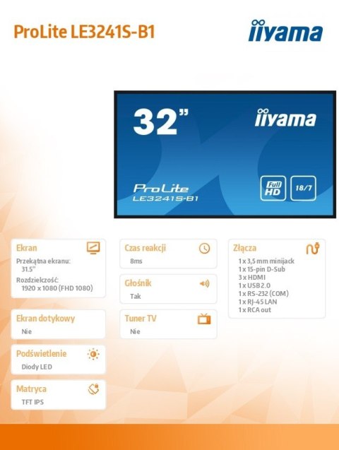 Monitor wielkoformatowy 31.5 cala LE3241S-B1 IPS/FHD/HDMI/18.7/RJ45/2x10W Monitor wielkoformatowy 31.5 cala LE3241S-B1 IPS/FHD/HDMI/18.7/RJ45/2x10W