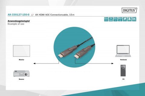 Kabel hybrydowy AOC HDMI 2.0 Premium High Speed Ethernet 4K60Hz UHD HDMI D/A HDMI D/A M/M z odłączanym wtykiem, 15m, Czarny