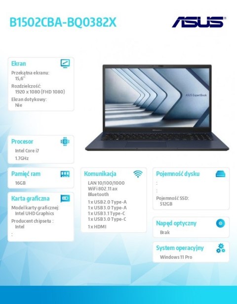 Notebook B1502CBA-BQ0382X i7-1255U 16GB/512GB/Windows11 Pro/15,6" gwar. 36 mies NBD